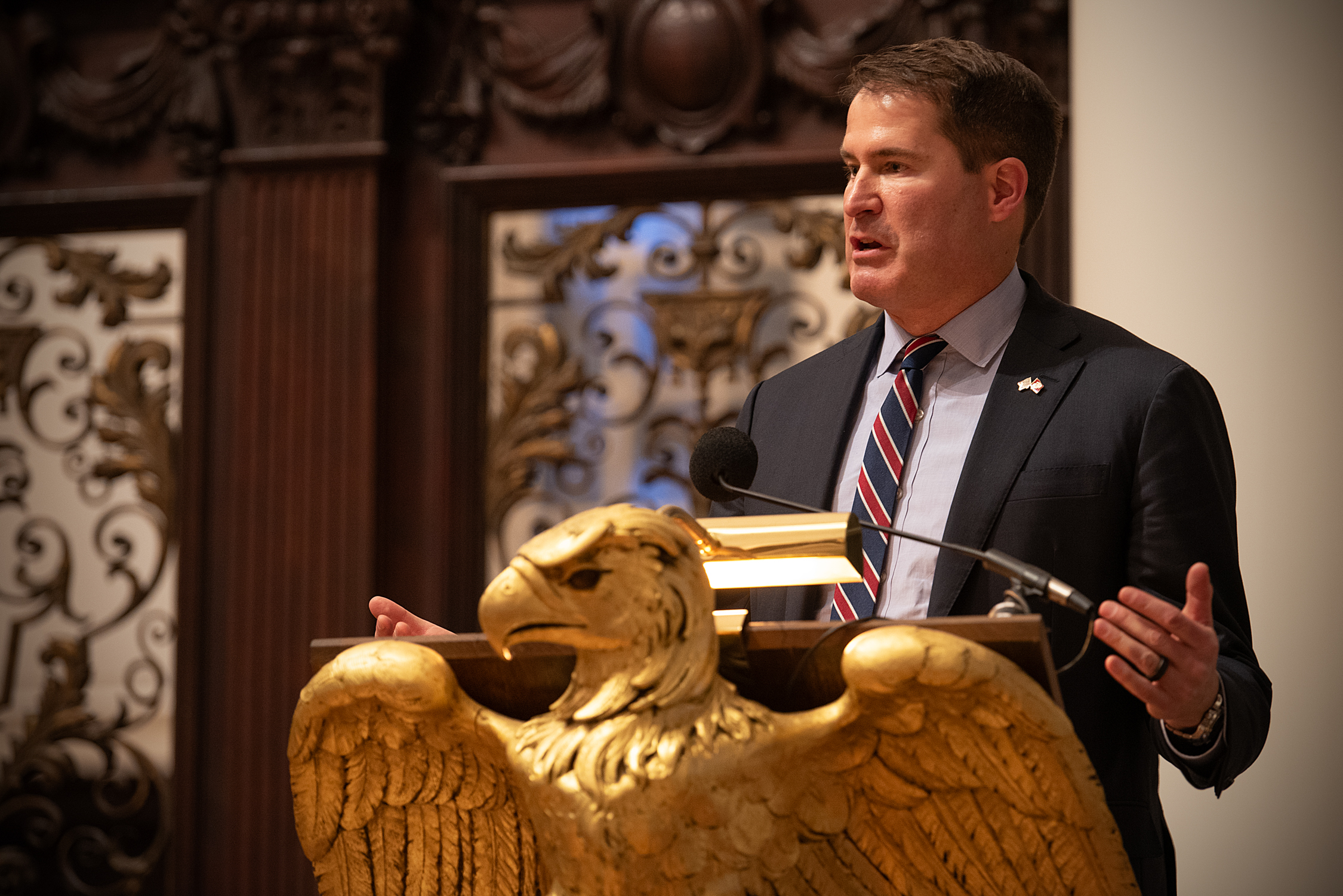 Congressman Seth Moulton (Massachusetts 6th district) speaks at the Veterans Day event at the Memorial Church.