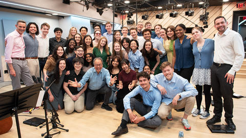 World-renowned cellist Yo-Yo Ma ’76 and the Harvard University Choir at the recording sesstion in May 2025. 