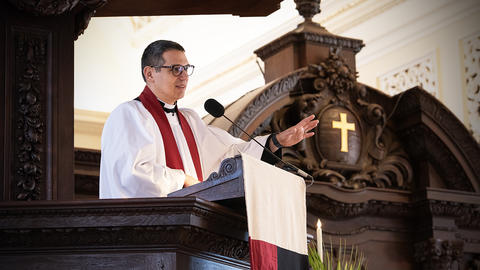 The Rev. Matthew Potts preaches from the pulpit, Palm Sunday March 29, 2026