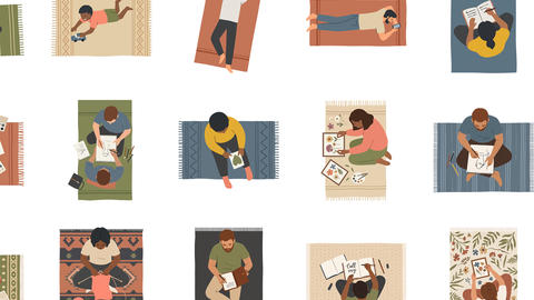 Graphic picture of students sitting on matts writing, reading and making creafts.
