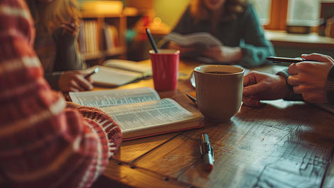 Students sit around a table with coffee discussing at open bible.