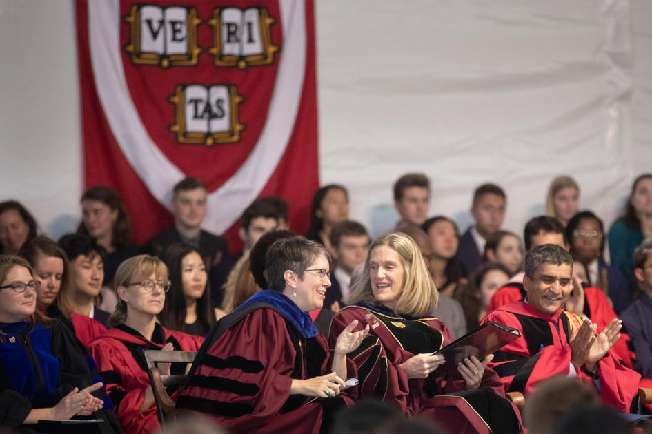 Stephanie Paulsell (left), interim Pusey Minister at the Memorial Church, gave the invocation, and Katherine O'Dair, dean of students, welcomed the Class of 2023 at the convocation.