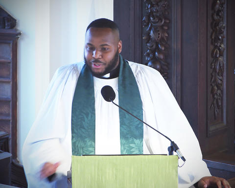 The Rev. Dr. Calvon Jones preaches during Children's Sunday service, Sept. 14, 2025