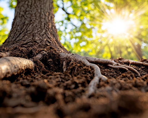 Sunlight bursts though the leaves of a tree with massive roots.