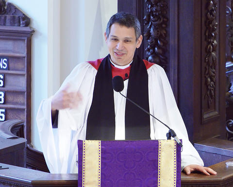 The Rev. Matthew Potts preaches from the pulpit, March 22, 2026