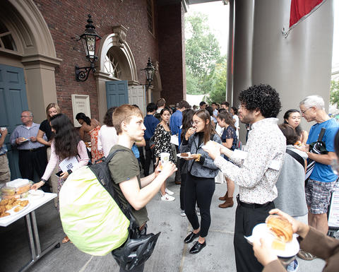 Students attend a meet-and-greet on the steps of the Memorial church following Sunday Services. 