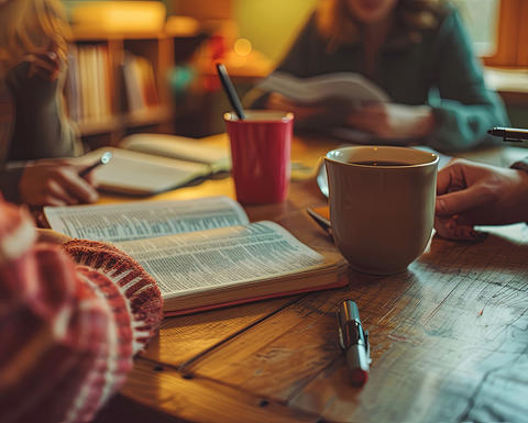 Students sit around a table with coffee discussing at open bible.