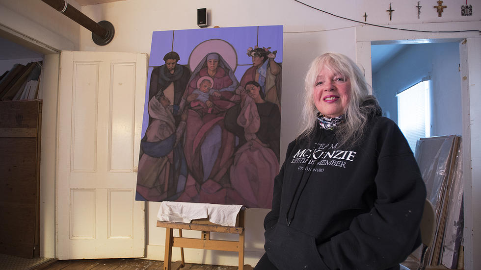 Vermont Artist Janet McKenzie with her new painting 