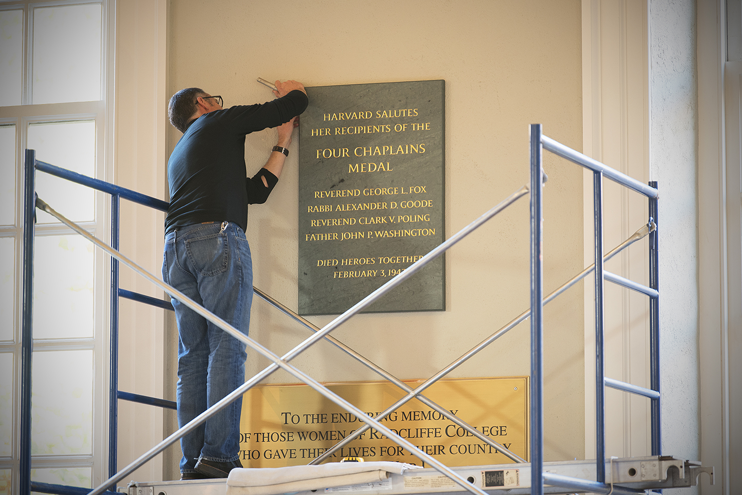 Plaque honoring the Four Chaplains is mounted in Memorial Church