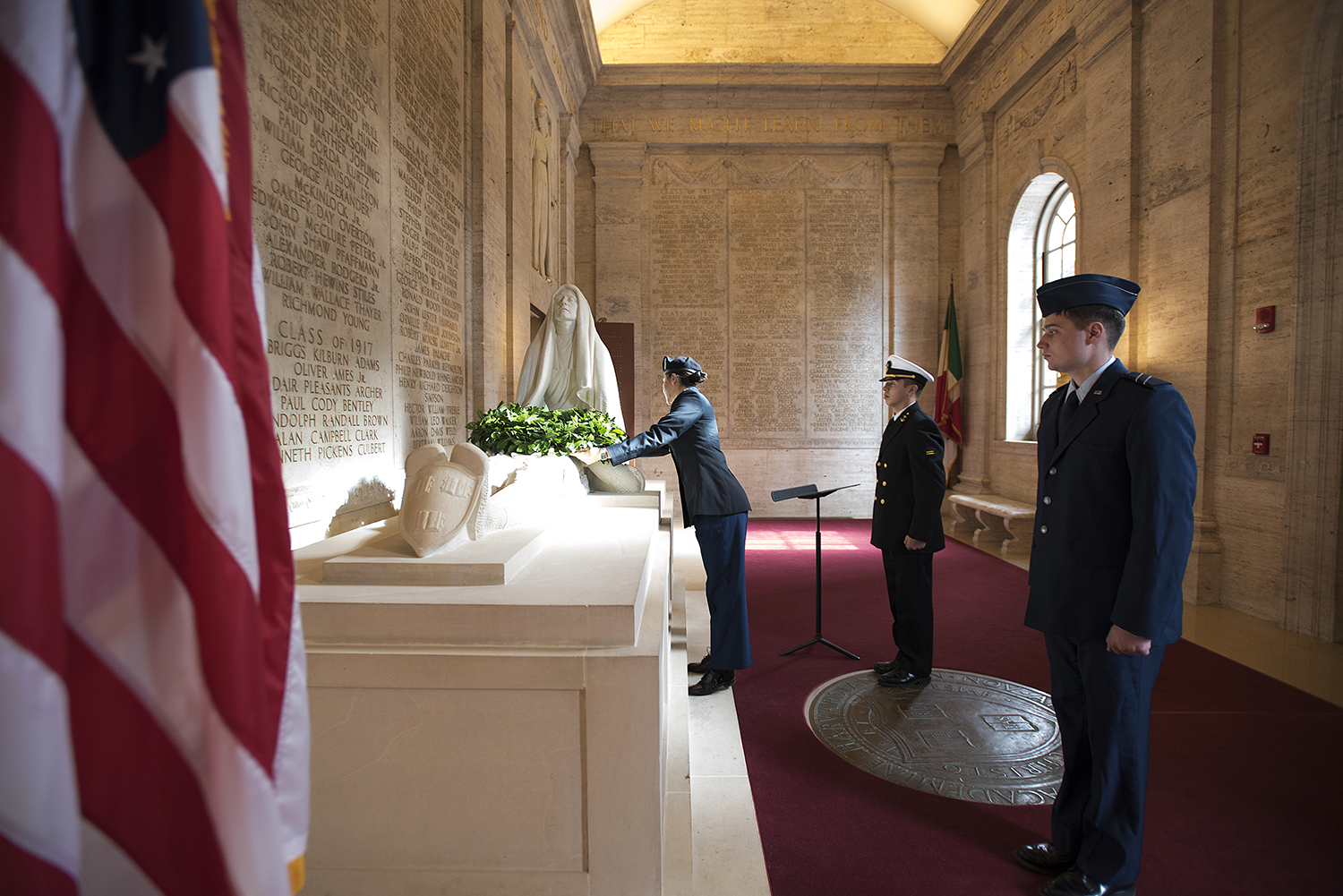 A wreath is placed in the Memorial Room Sunday by ROTC