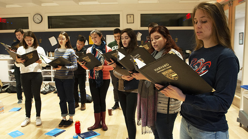 Members of the Harvard University Choir rehearse at Memorial Church before departing on their tour of the UK